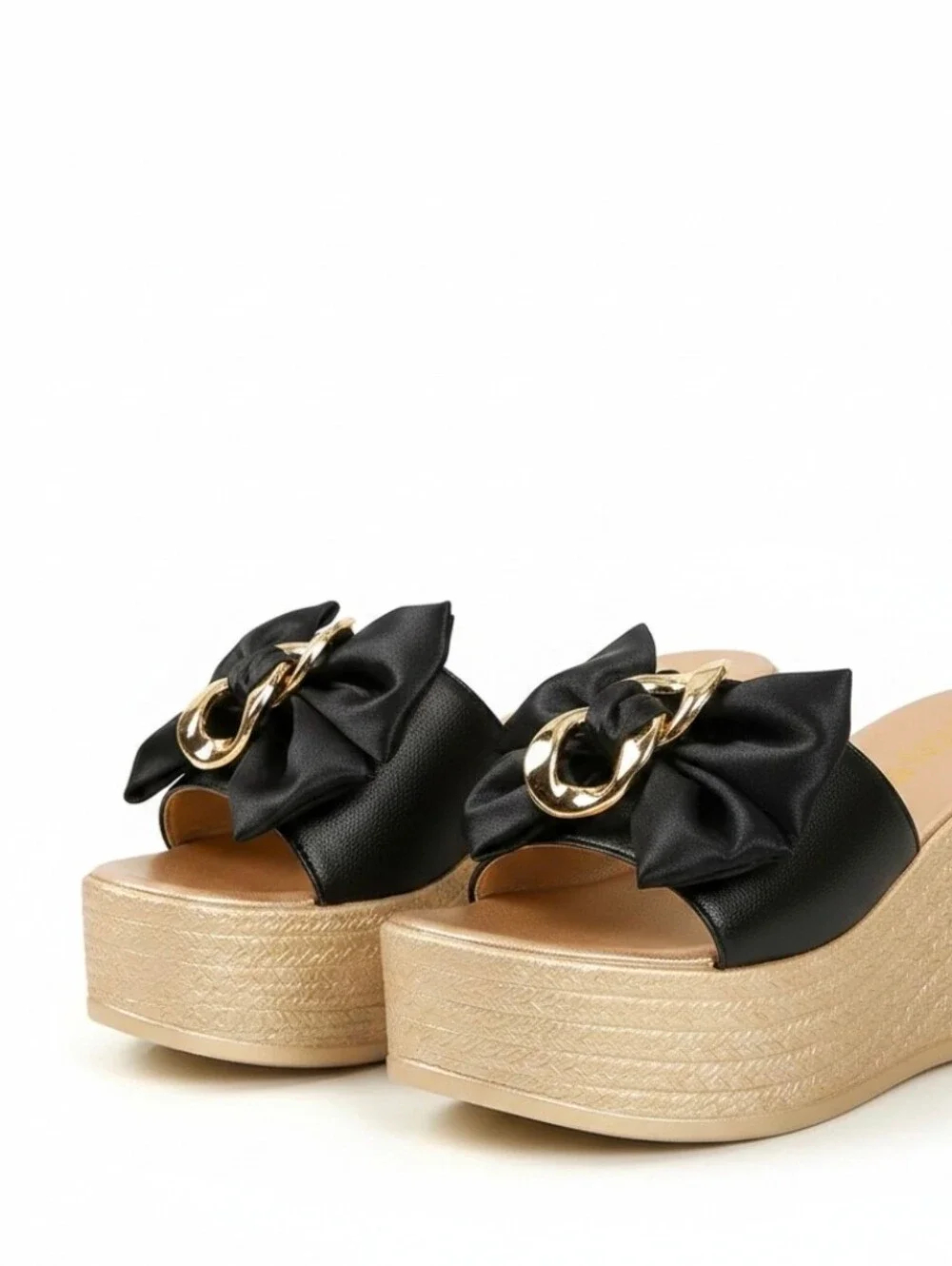 Gold Chain Oversized Bow Platform Open Toe Shoes Slip On Coquette Sandals Black